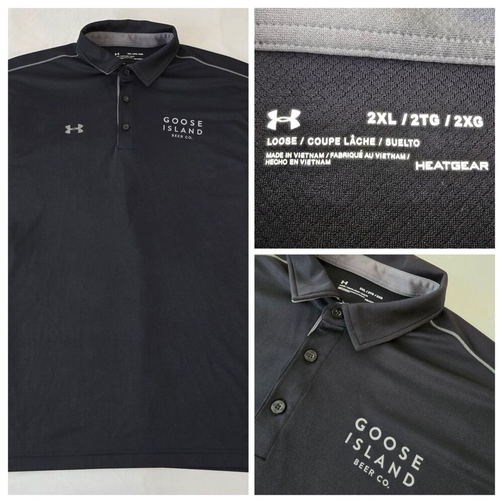 Under Armour Golf Polo Mens 2XL XXL Goose Island Beer Logo Loose Fit Black Gray